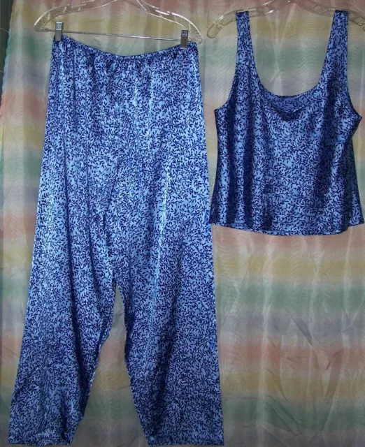 Victoria's Secret Large  Blue Leaf Vine Satin Tank Top & Pants VS Pajama Set 90s