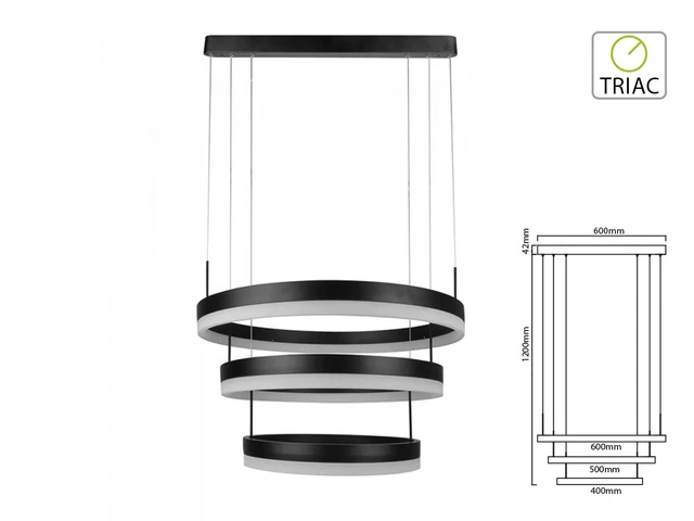 Lampada Led A Sospensione Rotonda Colore Nero Tripli Anelli Diametro 600mm 500mm