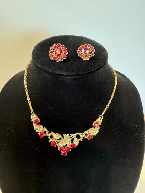 Vintage Costume Jewelry Red Rhinestone Choker Necklace & Clip Earrings