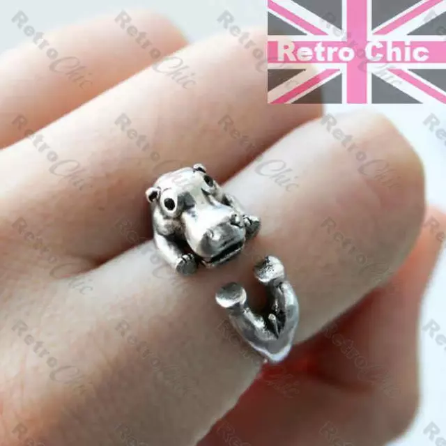 QUIRKY 4 legs HIPPO antique silver fashion WRAP RING hippopotamus CUTE ANIMAL