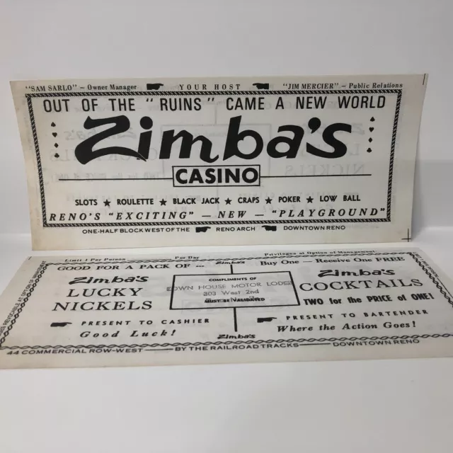 1970s Zimbas Casino Free Nickels Coupons And Cocktails Voucher Reno Nevada
