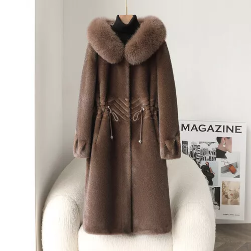 New Genuine Mink Fur Coat Women's Real Fox Fur Hooded Thicken Warm Long Jackets