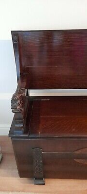 Quality Antique Carved Oak Monks Bench, Storage Chest Hinged Top 2