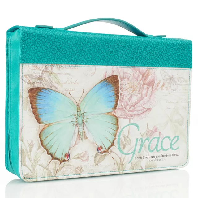 Bible Cover Grace Teal Butterfly Large 7” x 10 1/8” x 1 7/8” Ephesians 2:8