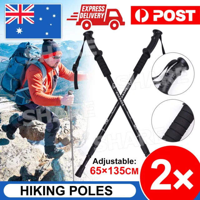 2x New Hiking Trekking Poles Walking Stick Adjustable Camping Black Lightweight