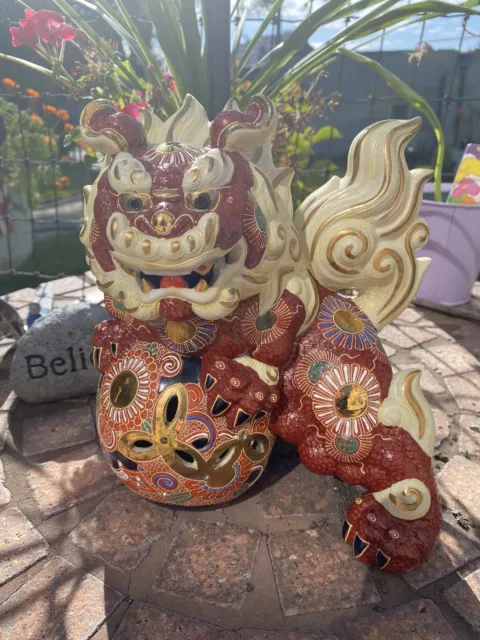 Vintage Large Chinese Ceramic Lion Katani Foo Dog Playing Ball Excellent Details