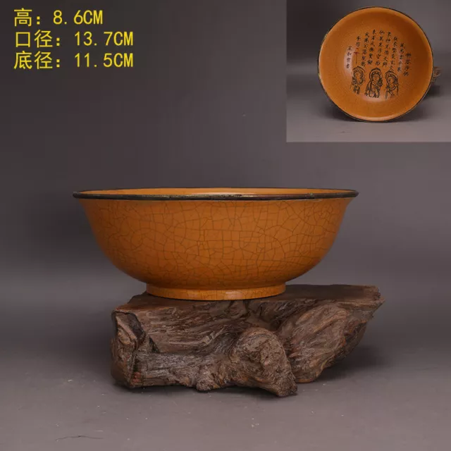 5“China ancient a Later Zhou ceramic kiln Yellow glaze Lettering Phnom Penh bowl