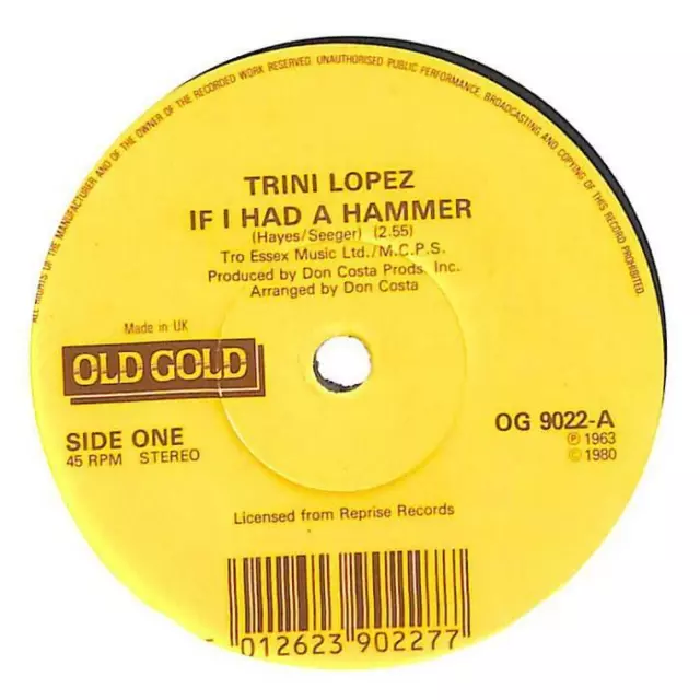 Trini Lopez If I Had A Hammer UK 7" Vinyl Record Single OG9022 45 EX-