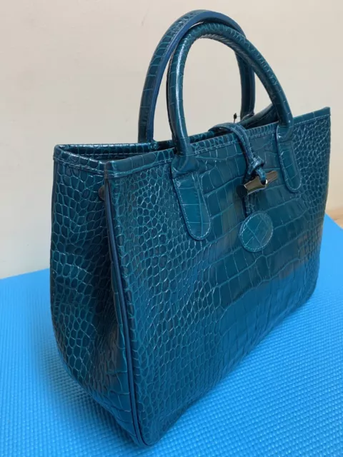 NWT LONGCHAMP CROC EMBOSSED ROSEAU Hobo Shopper Leather Tote Bag Duck Blue 4