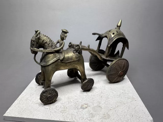 Antique Indian Solid Bronze/Brass Temple Toy Horse and Chariot Full 12" length