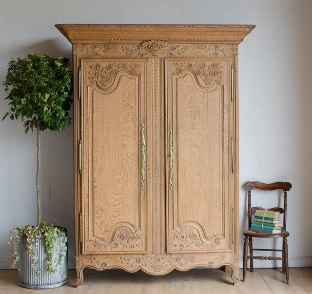French Antique Carved Oak Double Wardrobe / Armoire with Shelf and Hanging Rail