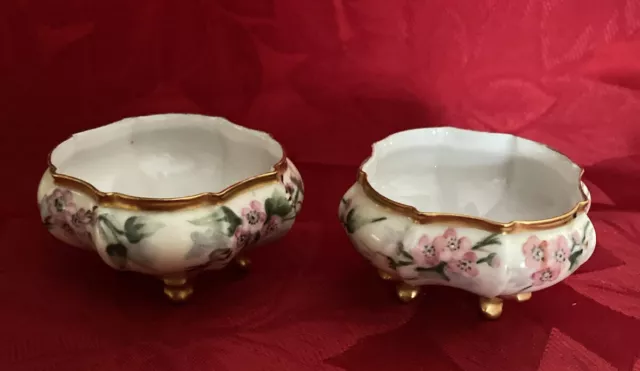 2 T & V LIMOGES FRANCE Floral 3 Footed Open Salt Cellars bowls  Fluted Edge