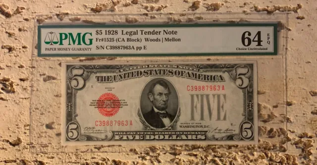 1928 $5 Legal Tender United States Note Red Seal Pmg 64Epq Choice Uncirculated