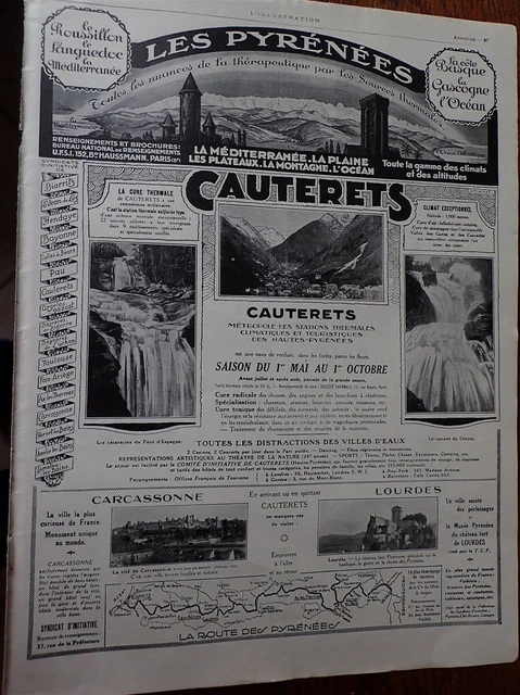 LES PYRENEES cure à CAUTERETS tourisme publicité papier ILLUSTRATION 1926