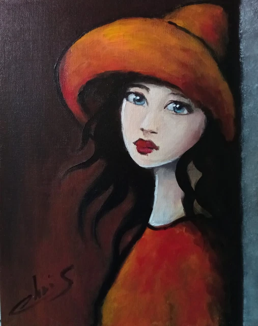 Tableau Peinture Toile La Dame Au Chapeau Rouge Contemporain  Signé Chrisk
