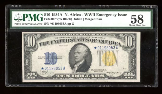 DBR 1934-A $10 North Africa Silver STAR Fr. 2309* PMG 58 Serial *01196053A