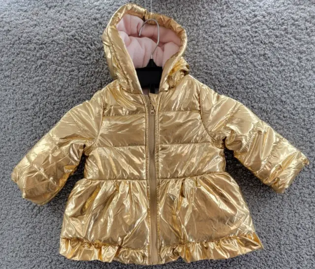 FIRST IMPRESSIONS Metallic Puffer Coat Baby Girls 12M Gold Attached Hood Ruffled