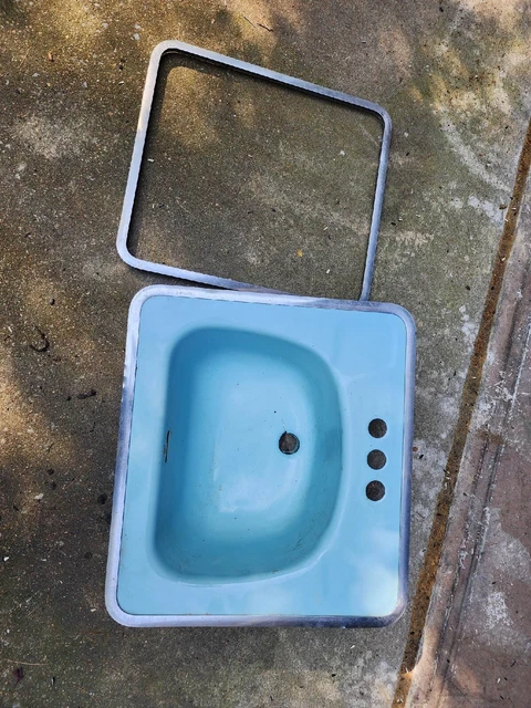 Vtg Mid Century Cast Iron blue Porcelain Drop In Sink with chrome trim rings
