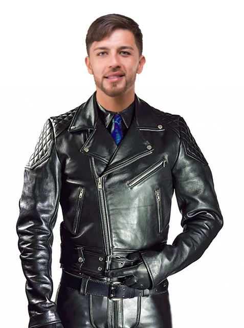 Men's Real Natural Grain Leather Bikers Jacket Quilted Panels Bikers Jacket