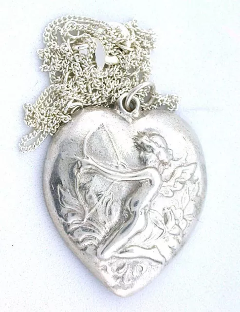 Heart Cupid Fairy Fairie Solid Casted PURE Sterling Silver Pendant 18 Inch Chain