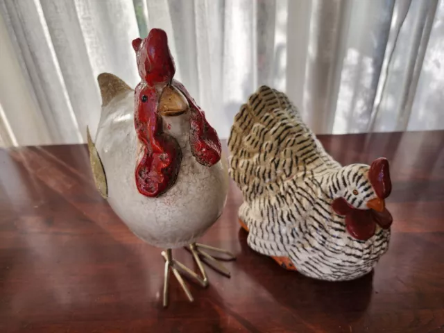 Ceramic Rooster Hen Chicken Decorative Collectible Farm  Colorful Metal Legs (2)