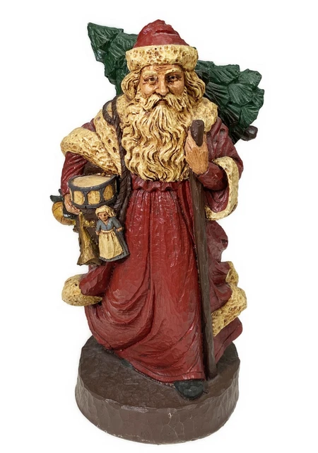 12” Woodland Santa Christmas Holiday Figurine Faux Wood Carrying Tree Red Coat