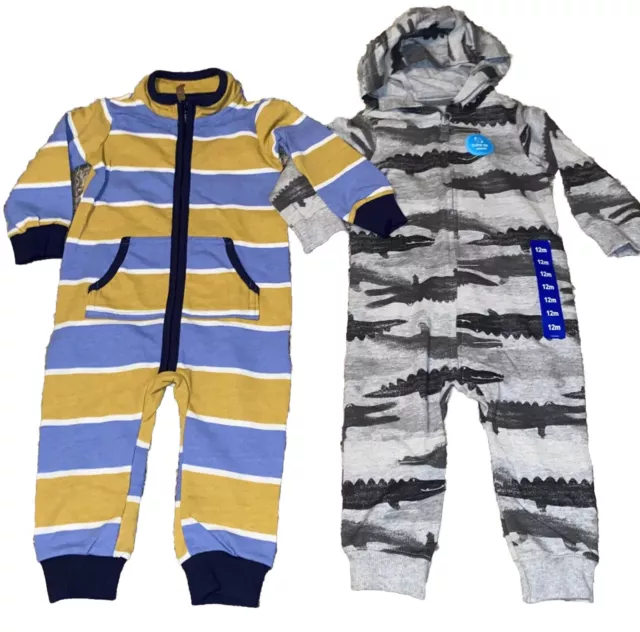 2~Carters Infant Boys*Hoodie Jumpsuit/Zippered One-Piece Baby Outfit*12M LOT*NEW