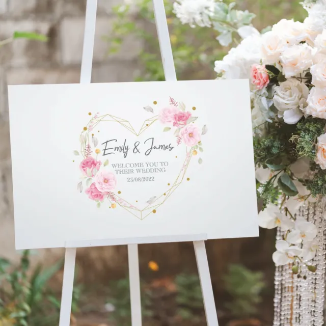 Watercolour Pink and Gold Floral Heart Welcome to Our Wedding Sign