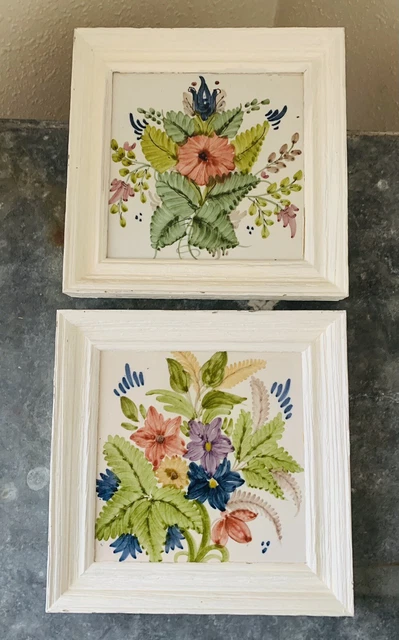 Pair of Framed Vintage hand painted Ceramicas Sevilla Tiles Spanish Spain Floral