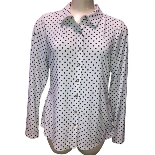 Tommy Hilfiger Women's M Long Sleeve Collared Button Front Top White Polka Dot