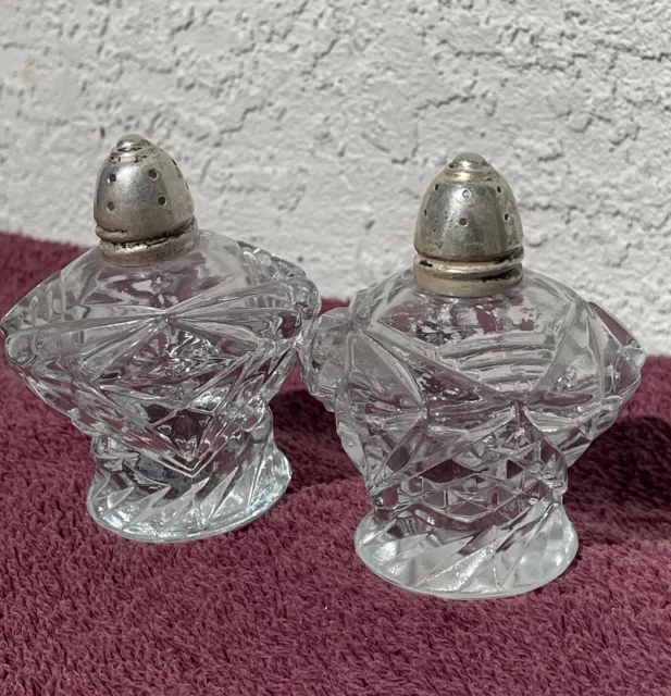 Vintage Victorian Cut Glass Crystal and Sterling Lidded Salt & Pepper Shakers