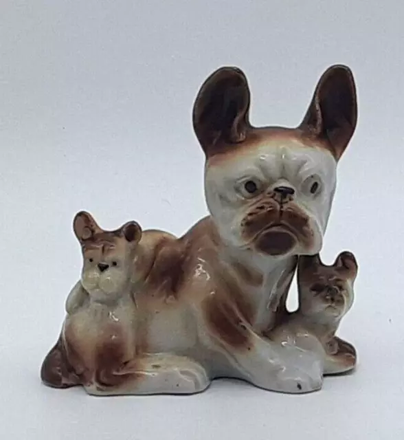 Vintage French Bulldog Figurine Mom & Puppies Porcelain Unmarked Japan 3 3/8"