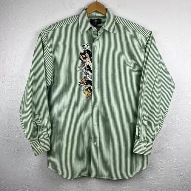 Looney Tunes 1995 Men's Medium Green/White Pin Striped Embroidered Button Down.