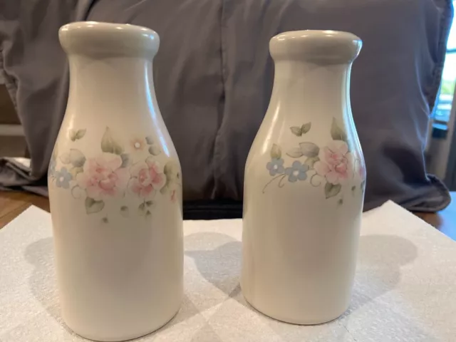 Vintage Pfaltzgraff Tea Rose Milk Bottle Jug Carafe Pitcher Vase Set of Two