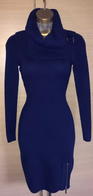 Squisito abito bodycon Karen Millen lana blu lavorato a maglia collo a guscio UK10 straordinario