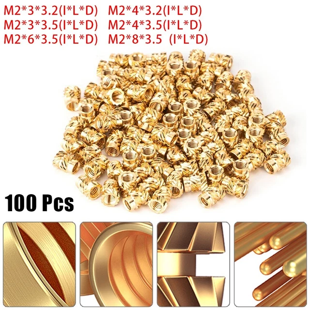 100PCS Inserto Filettato Autoaggancianti Dado Ottone Interno Filo Zigrinato M2