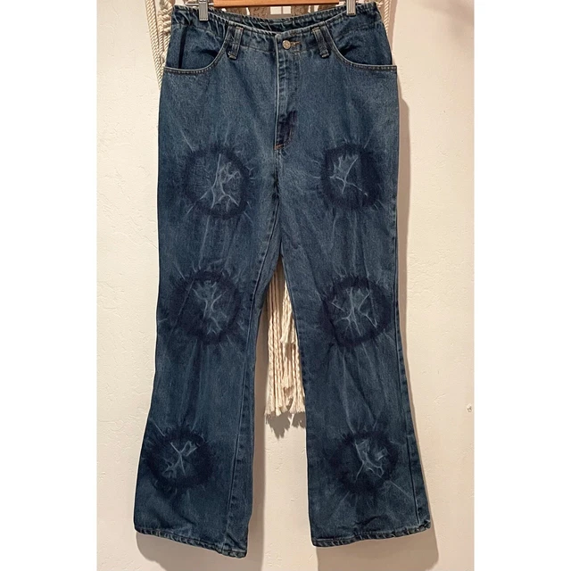 VNTG Bell Bottom SZ 15/16 Watch LA Dark Wash Tie Dye Denim Hippie Festival 70s