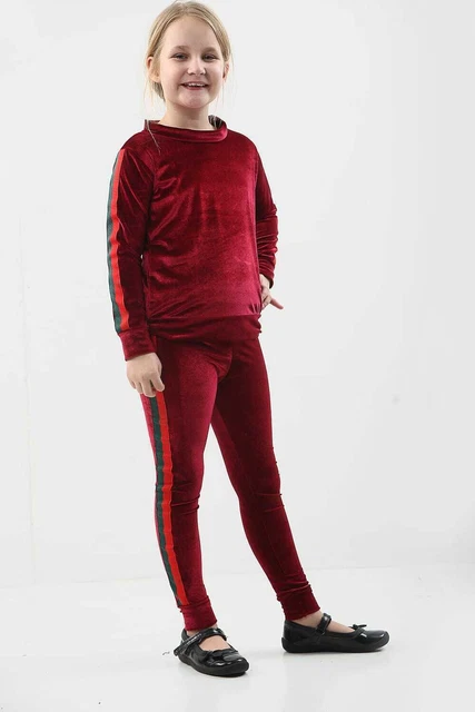 Kids Girl Side Sweat Stripe Velvet Tracksuit Velour Lounge Wear 2 PC Co-Ord Set