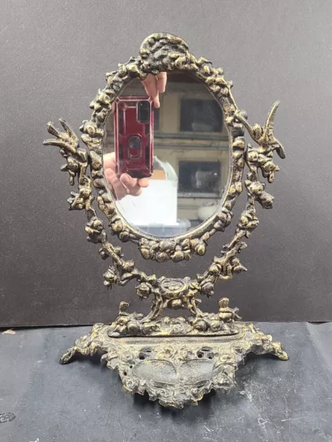 VTG Gilt Brass Vanity Mirror Ornate Fairy Tale Victorian Oval Frame JewelryStand