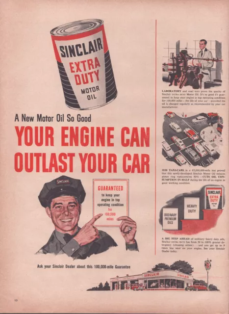 1953 Sinclair Motor Oil Vintage Print Ad - Your Engine Can Outlast Your Car