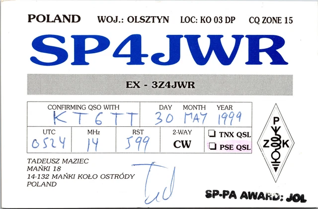 Vtg Ham Radio CB Amateur QSL QSO Card Postcard SP4JWR KOLO OSTRODY POLAND 1999