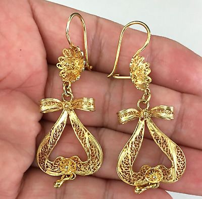 VTG 925 Gold Sterling Silver Victorian Filigree Flower/Bow/Drop Dangle Earrings