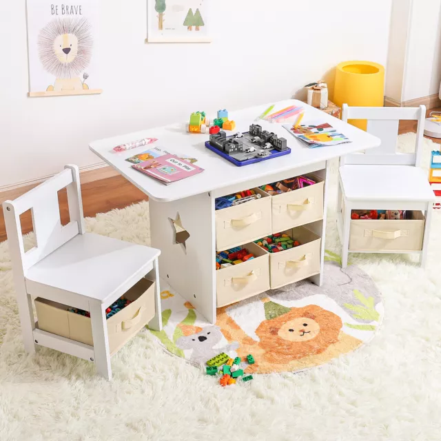 Kindertisch mit 2 Stühle, Kindertisch mit Stauraum, 3tlg Kindersitzgruppe Weiß