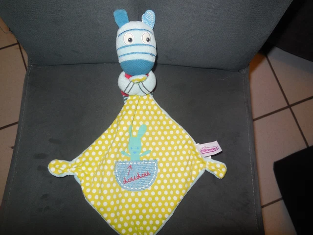 doudou âne zèbre bleu mouchoir jaune vert pois rond brodé lapin POMMETTE (2 disp