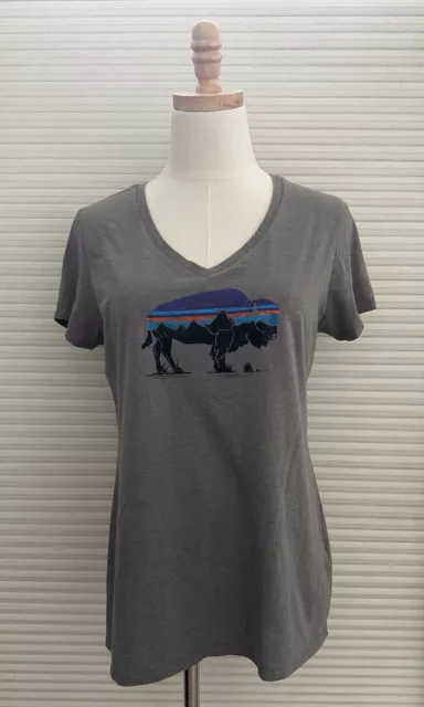 Patagonia Womens V-Neck T Shirt Buffalo Graphic Gray Size Medium Regular Fit