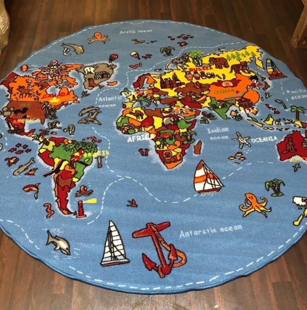 New World Map Childrens Large Circle Mat Rug School Home 200X200Cm Multicoloured