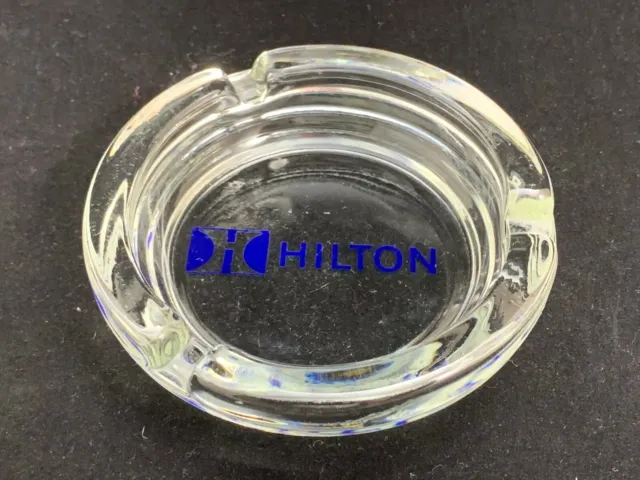 Hilton Clear Glass 4 1/4" Round Ashtray Name In Blue Print