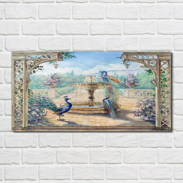 Acrylglasbild Wandbild Plexiglas 100x50 Gemälde Abstrakte Brunnen Pfauen Blumen