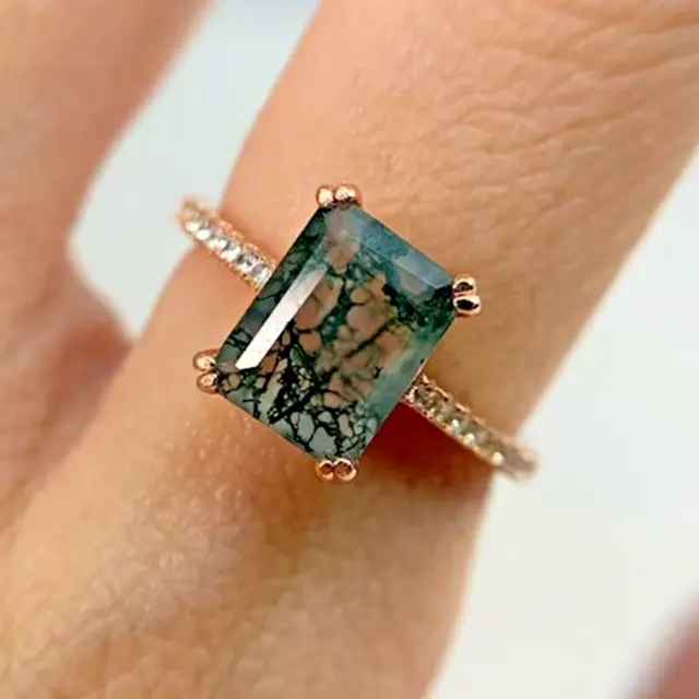 Vintage Moss Agate Engagement Ring For Women 925 Sterling Silver Ring All Size