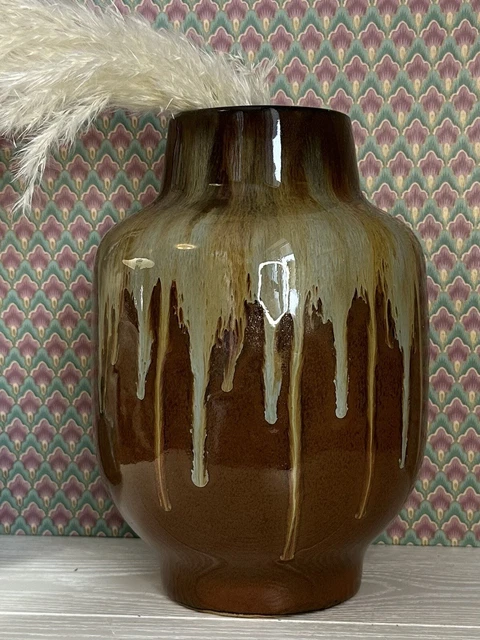 MID CENTURY MODERN Signed Studio Pottery Vase Brown Drip Glaze Well ...